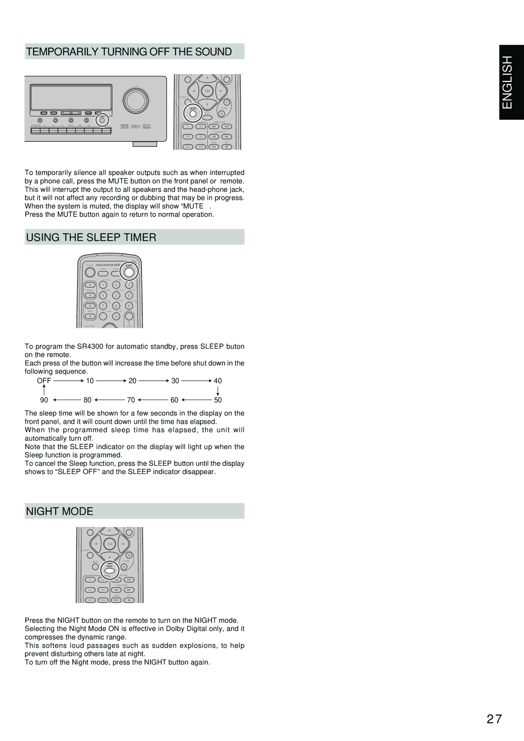 Marantz SR4300 manual Temporarily Turning OFF the Sound, Using the Sleep Timer, Night Mode 