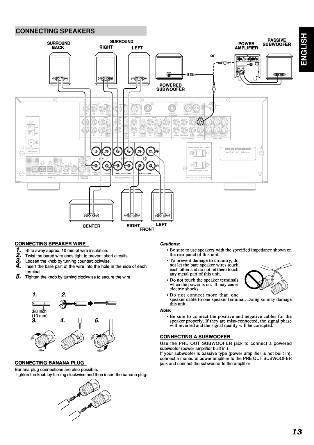 Marantz SR4300 manual English, Connecting Speakers, Connecting Speaker Wire, Connecting Banana Plug, Connecting A Subwoofer 