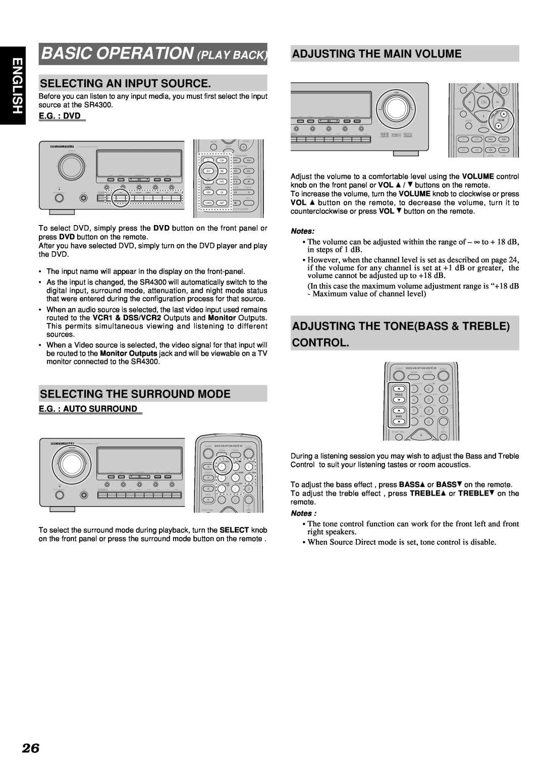 Marantz SR4300 manual Basic Operation Play Back, English, Selecting An Input Source, Selecting The Surround Mode, E.G. Dvd 