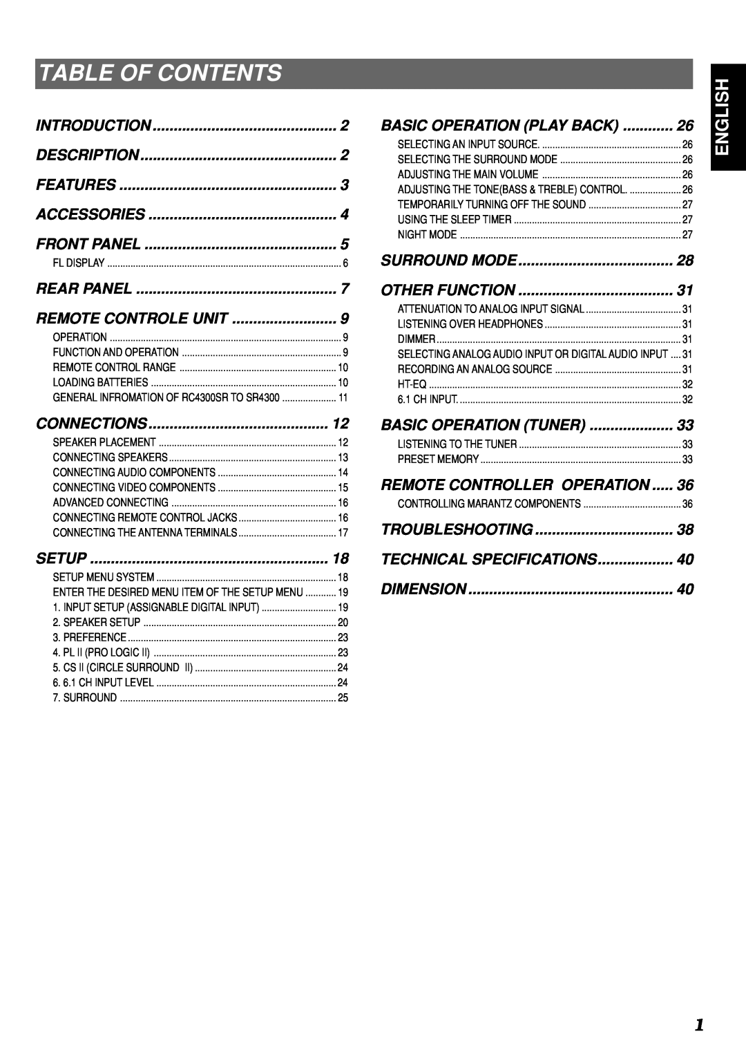 Marantz SR4300 manual Table Of Contents, English 
