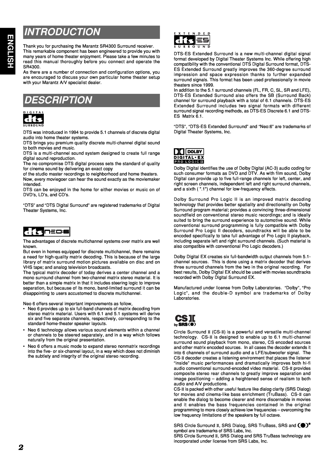 Marantz SR4300 manual Introduction, Description, English 