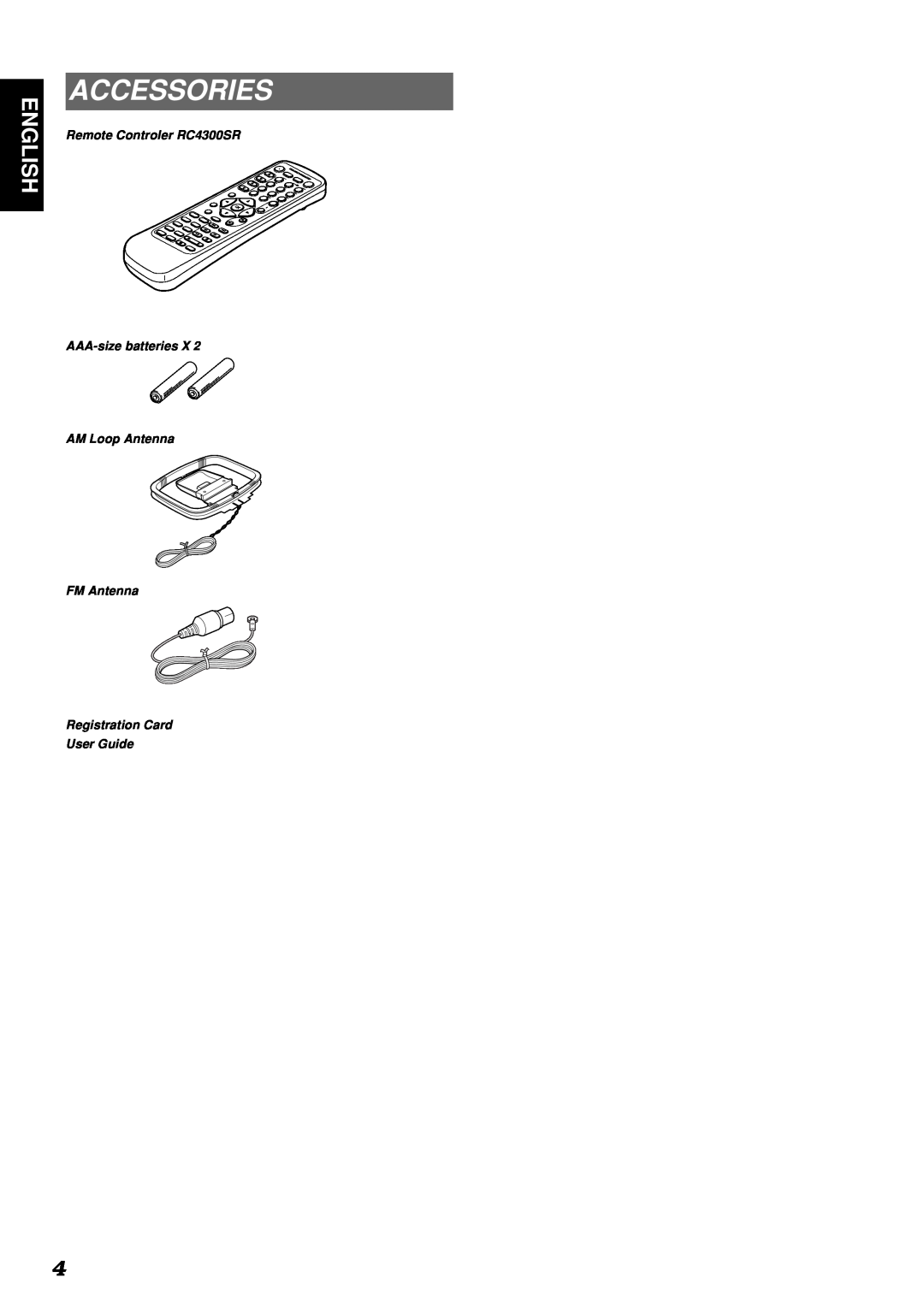 Marantz SR4300 manual Accessories, English, Remote Controler RC4300SR AAA-sizebatteries, User Guide 