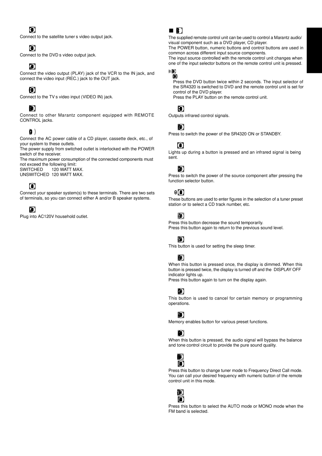 Marantz SR4320 manual ⁄7AC Outlets, Remote Control Unit 