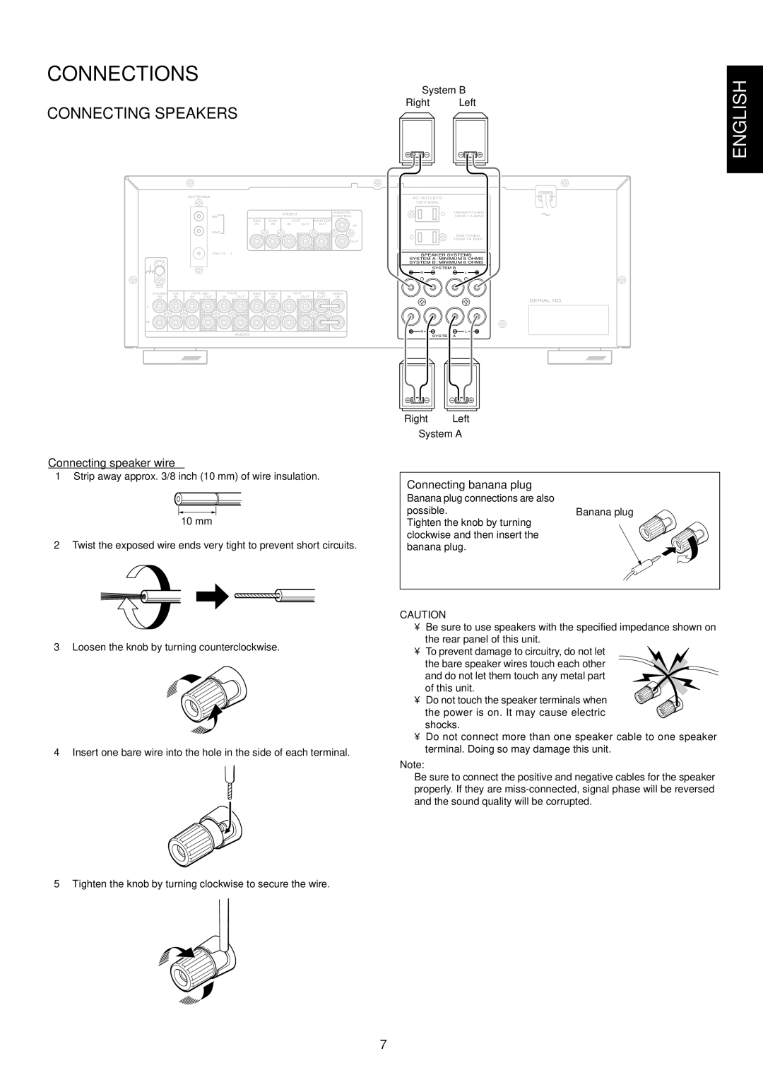 Marantz SR4320 manual Connections, Connecting Speakers, Connecting speaker wire, Connecting banana plug 