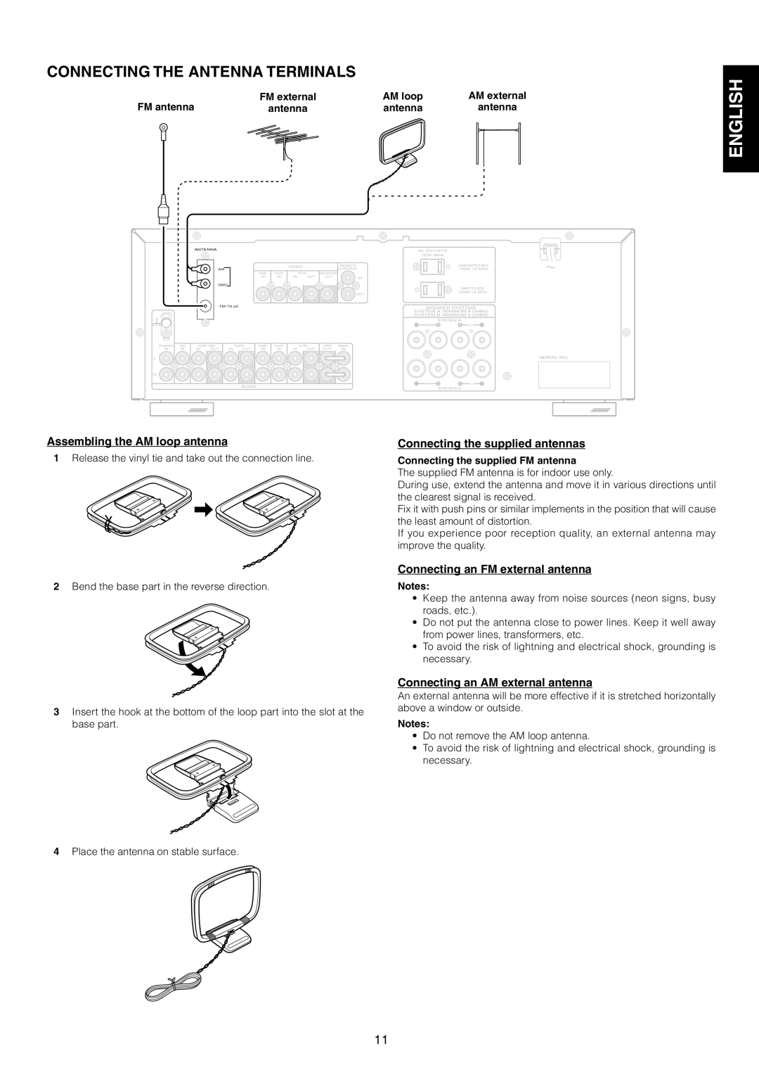 Marantz SR4320 manual Connecting the Antenna Terminals, Assembling the AM loop antenna, Connecting the supplied antennas 