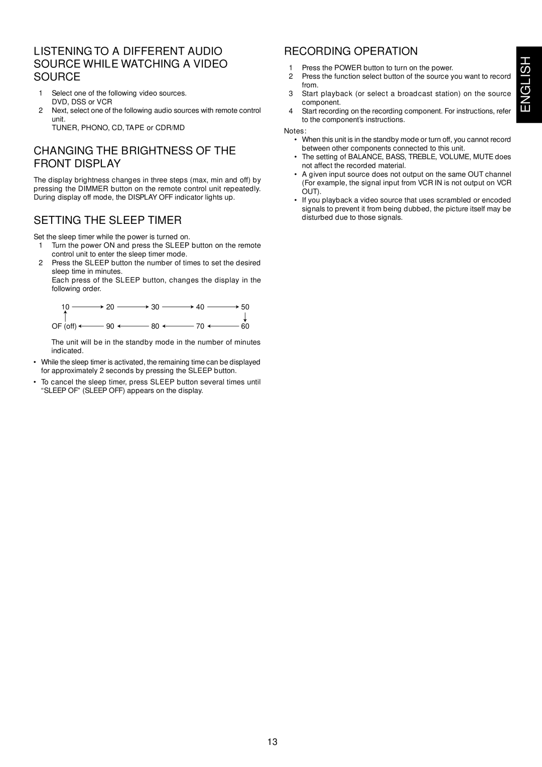 Marantz SR4320 manual Changing the Brightness of the Front Display, Setting the Sleep Timer, Recording Operation 