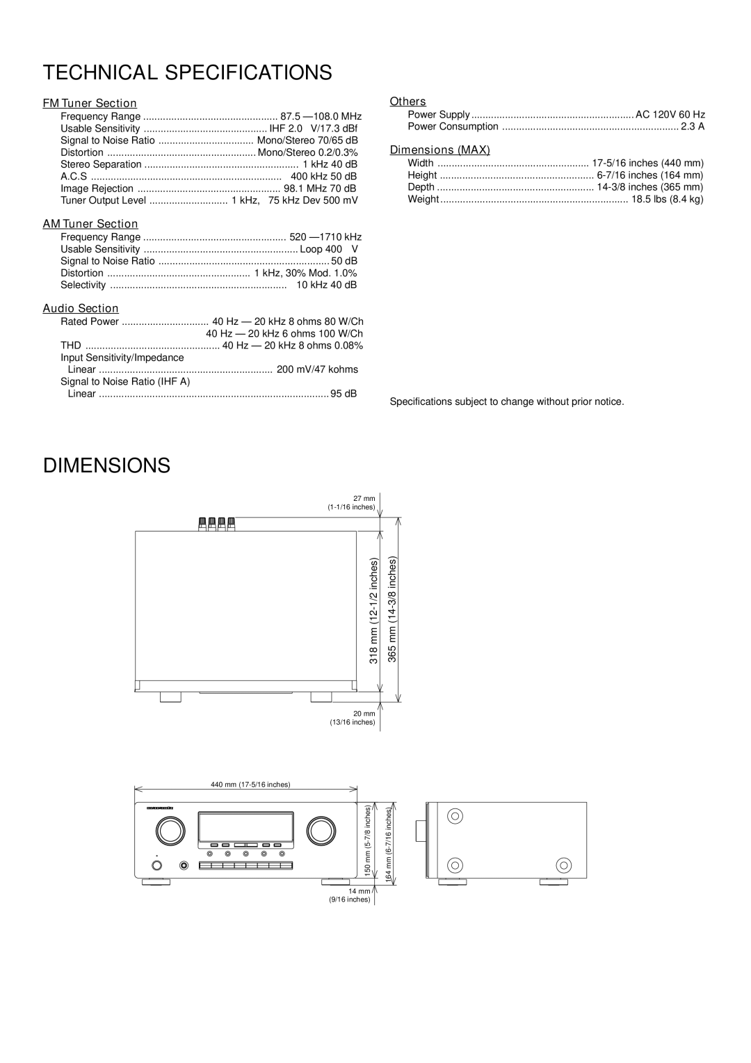 Marantz SR4320 manual Technical Specifications, Dimensions 