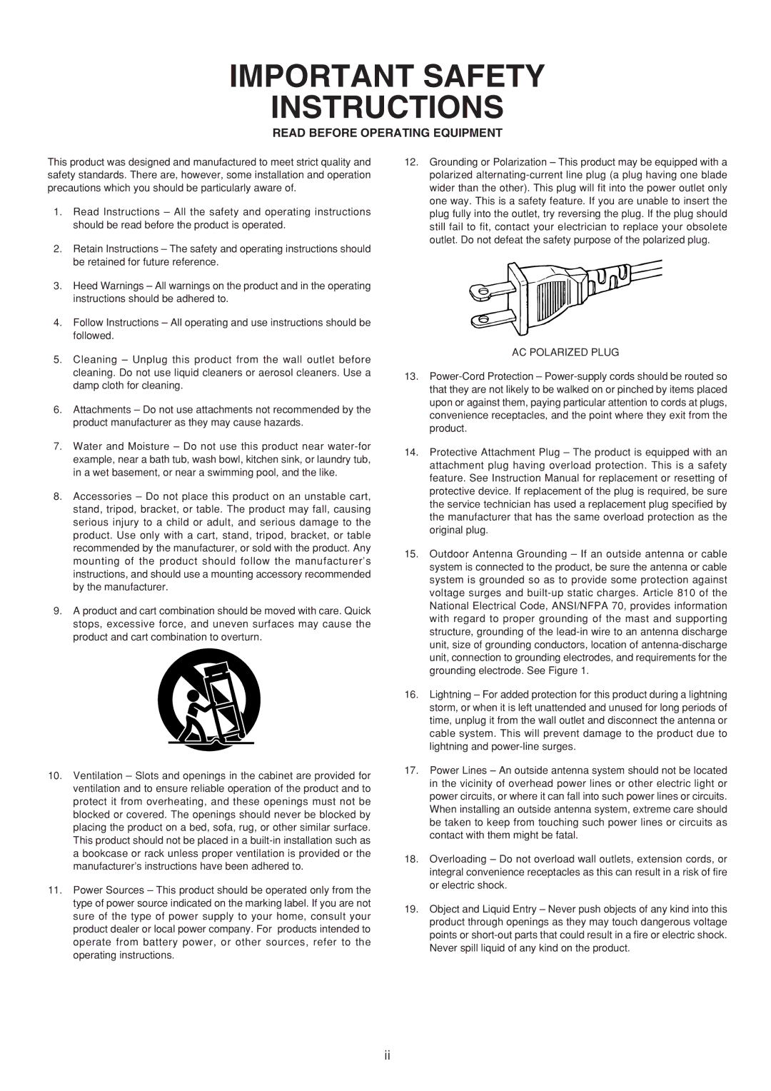 Marantz SR4320 manual Important Safety Instructions 