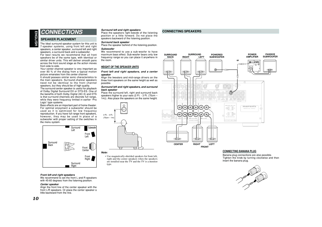 Marantz SR4400 manual Connections, Speaker Placement, Connecting Speakers 