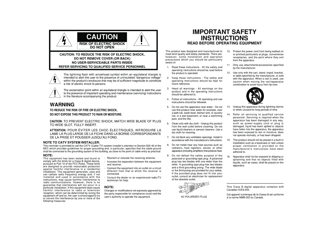 Marantz SR4400 Instructions should be followed, Tub, in a wet basement, or near a swimming, Pool, and the like, Adhered to 