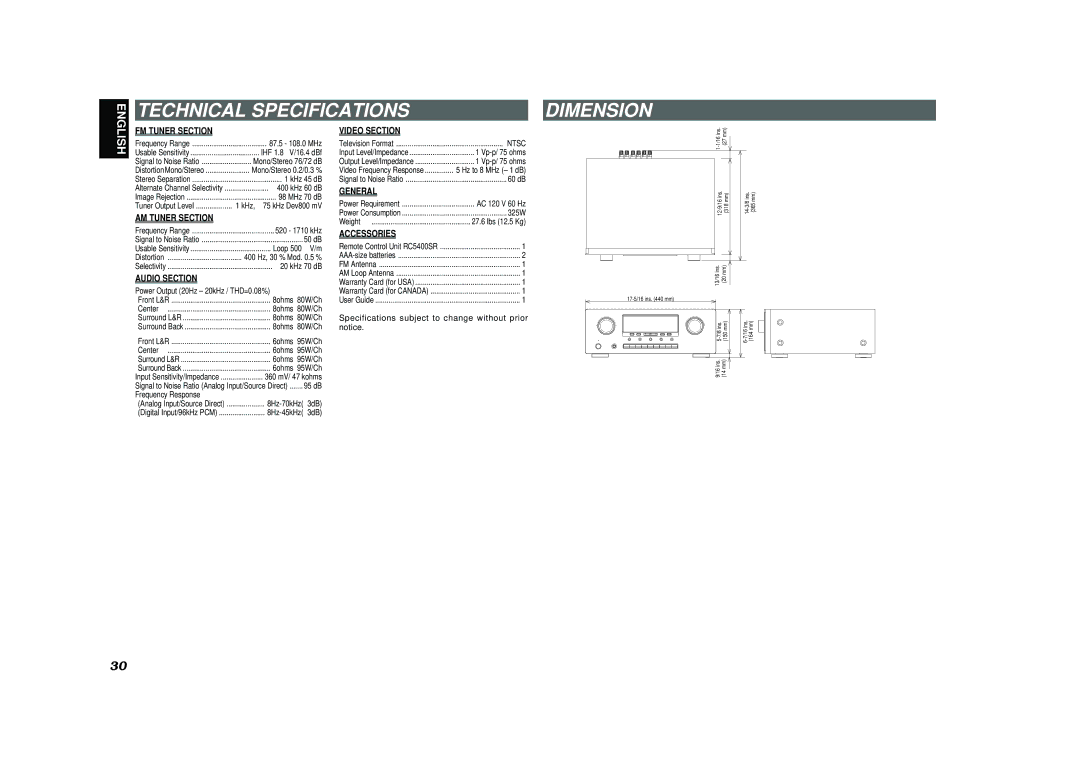 Marantz SR4400 manual Technical Specifications Dimension, Specifications subject to change without prior 