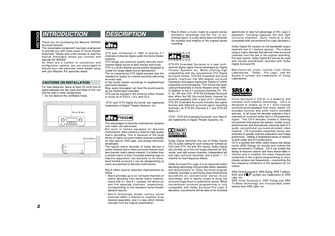 Marantz SR4400 manual Introduction, Description 