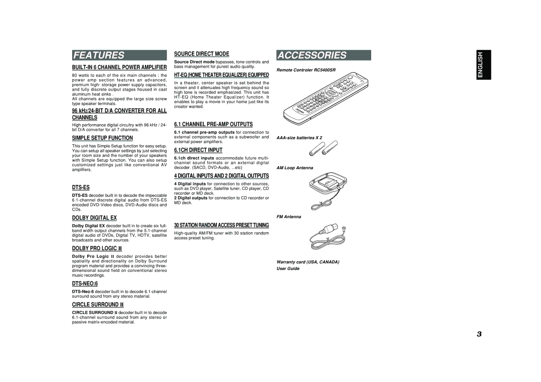 Marantz SR4400 manual Features, Accessories, HT-EQ Home Theater Equalizer Equipped, Station Random Access Preset Tuning 