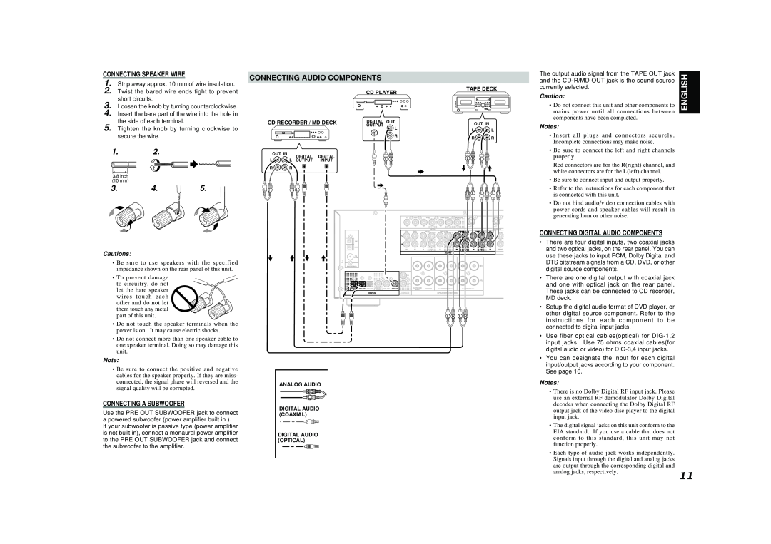 Marantz SR4400 manual Connecting Audio Components, English, Cautions, Notes 