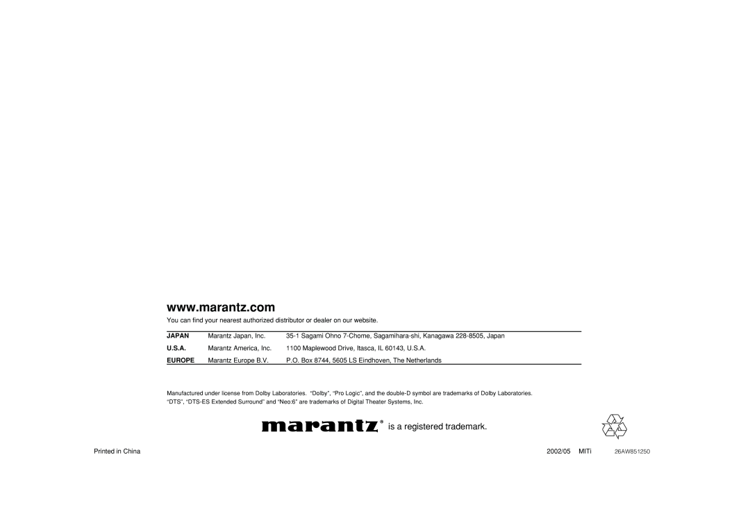 Marantz SR4400 manual is a registered trademark 