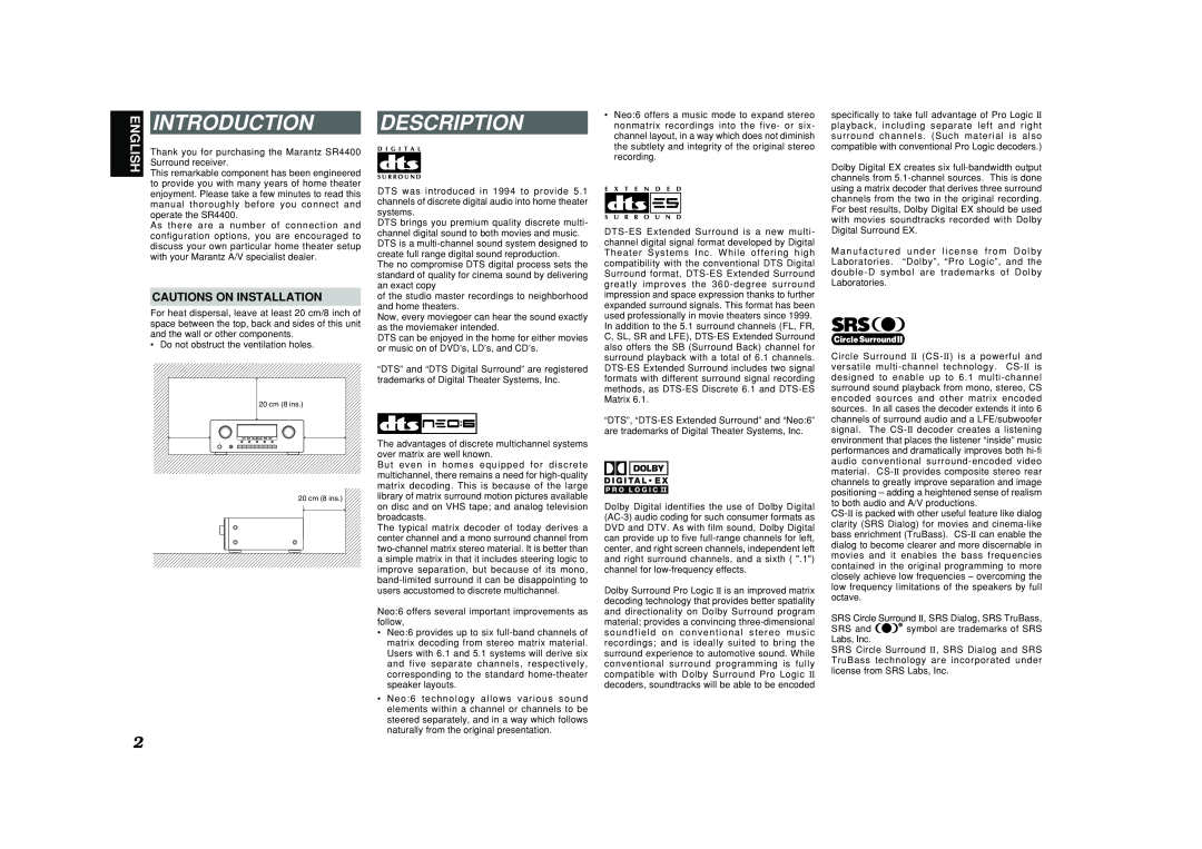 Marantz SR4400 manual Introduction, Description, Cautions On Installation 