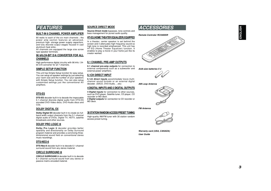 Marantz SR4400 manual Features, Accessories, English 
