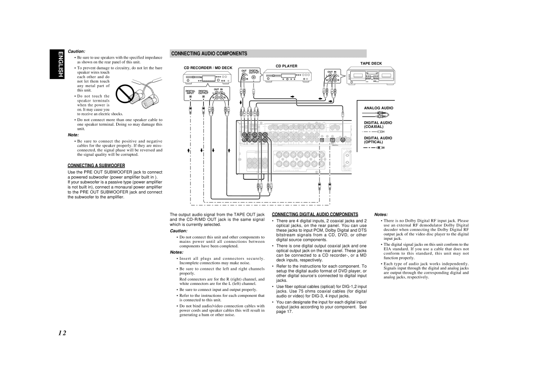 Marantz SR4500 manual Connecting Audio Components, Connecting a Subwoofer, Connecting Digital Audio Components 