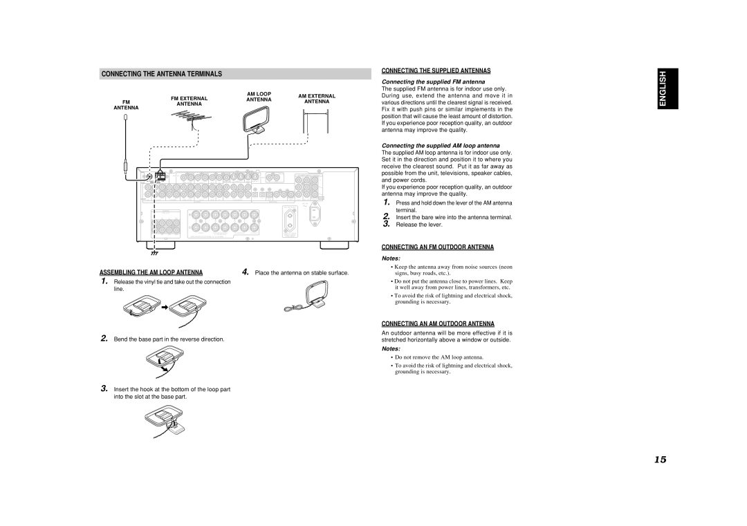 Marantz SR4500 manual Connecting the Antenna Terminals, Assembling the AM Loop Antenna, Connecting the Supplied Antennas 