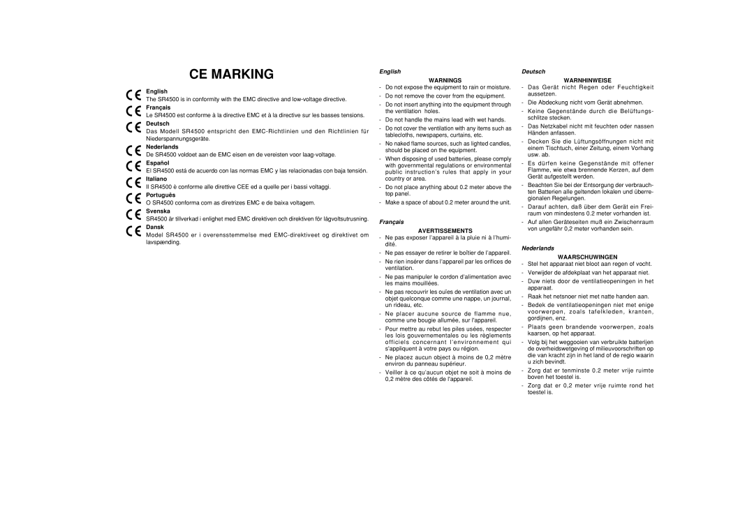 Marantz SR4500 manual English, Français, Deutsch, Nederlands 