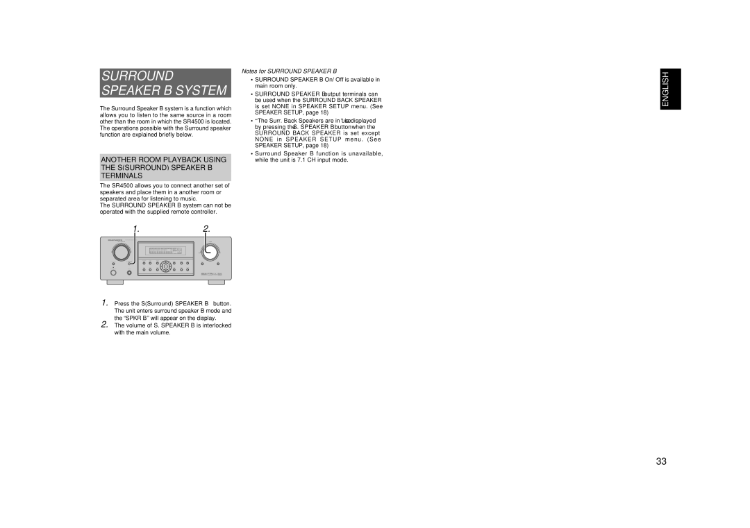 Marantz SR4500 manual Surround Speaker B System, Volume of S. Speaker B is interlocked with the main volume 