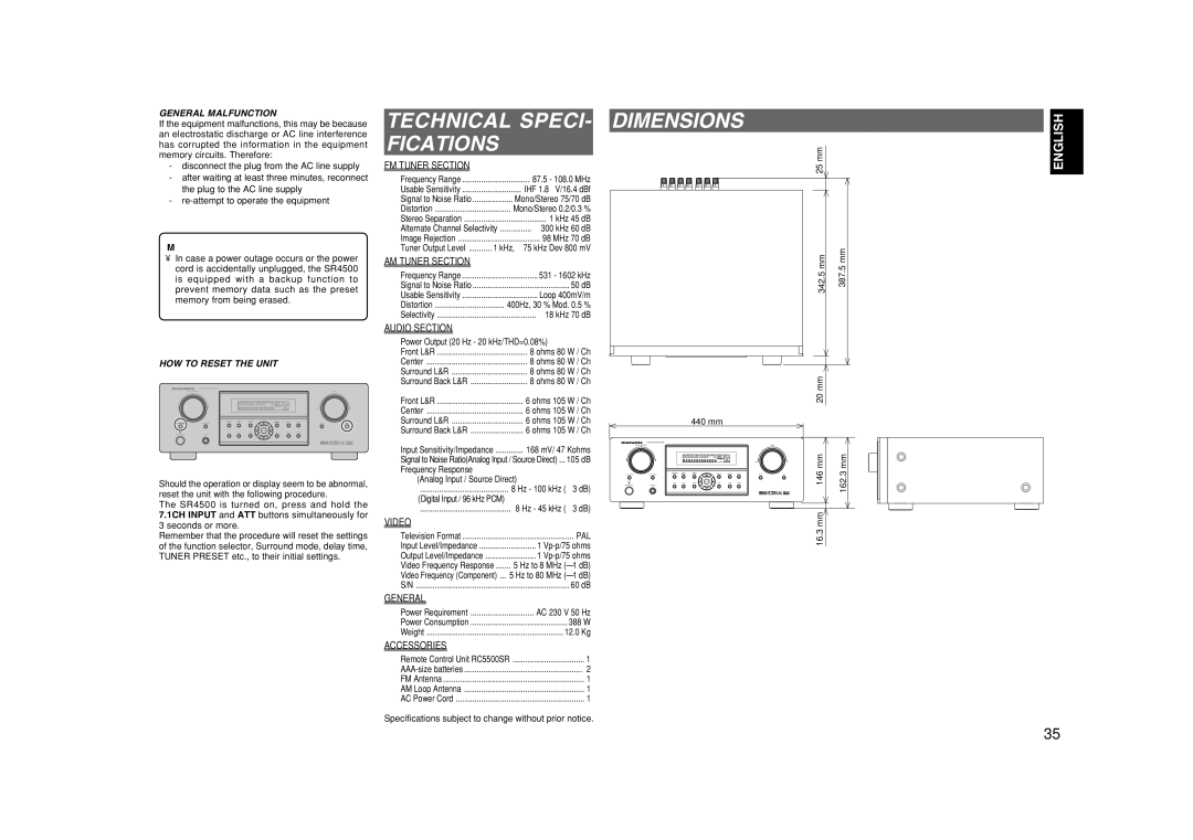 Marantz SR4500 manual Technical Speci, Fications, Dimensions 