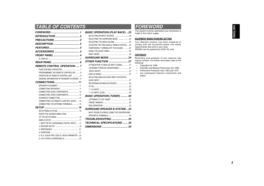 Marantz SR4500 manual Table of Contents Foreword 