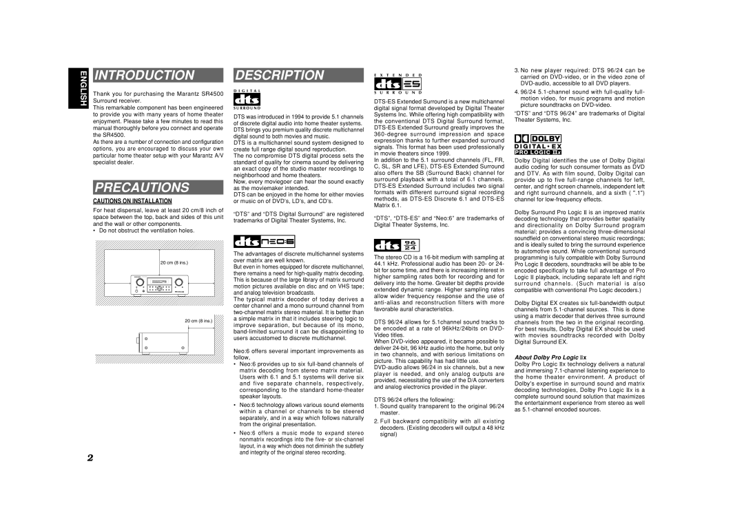 Marantz SR4500 manual Introduction, Precautions, Description, About Dolby Pro Logic 