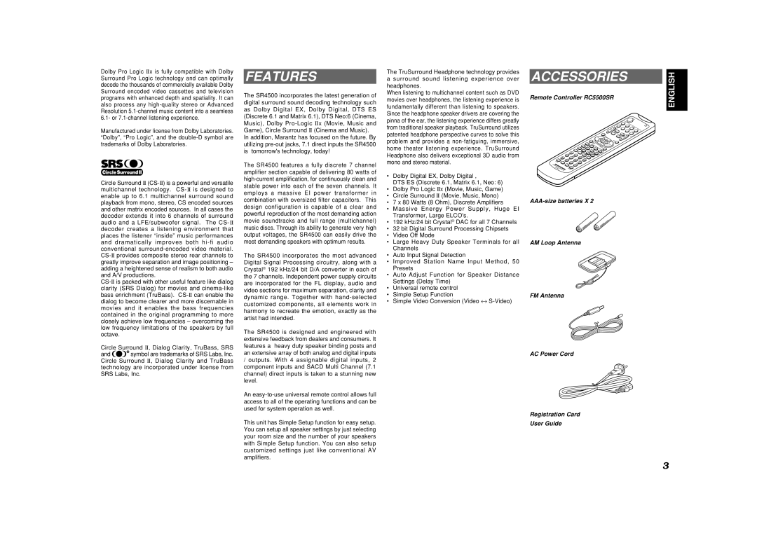 Marantz SR4500 manual Features, Accessories, Remote Controller RC5500SR 