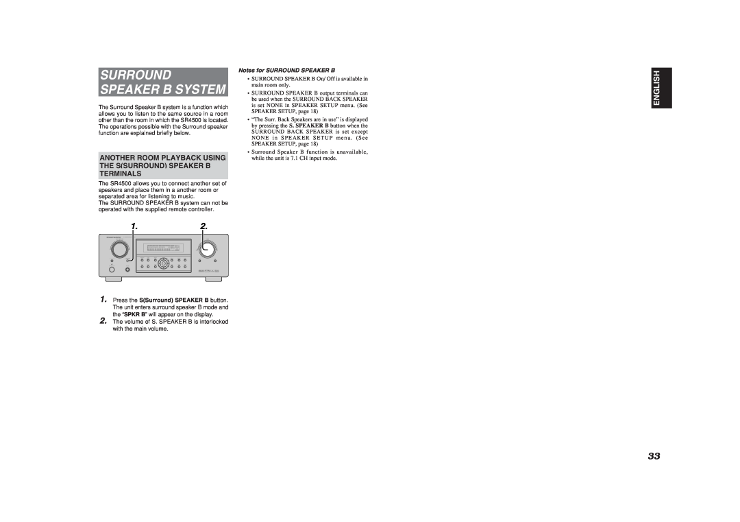 Marantz SR4500 manual Surround Speaker B System, English, Notes for SURROUND SPEAKER B 
