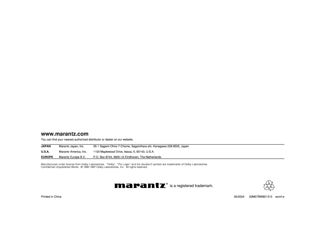 Marantz SR4500 manual is a registered trademark, Japan, U.S.A, Europe 