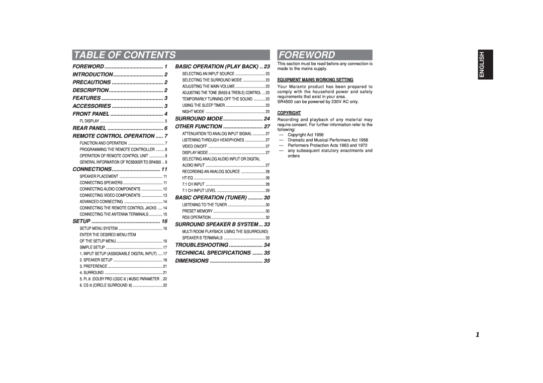 Marantz SR4500 manual Table Of Contents, Foreword 