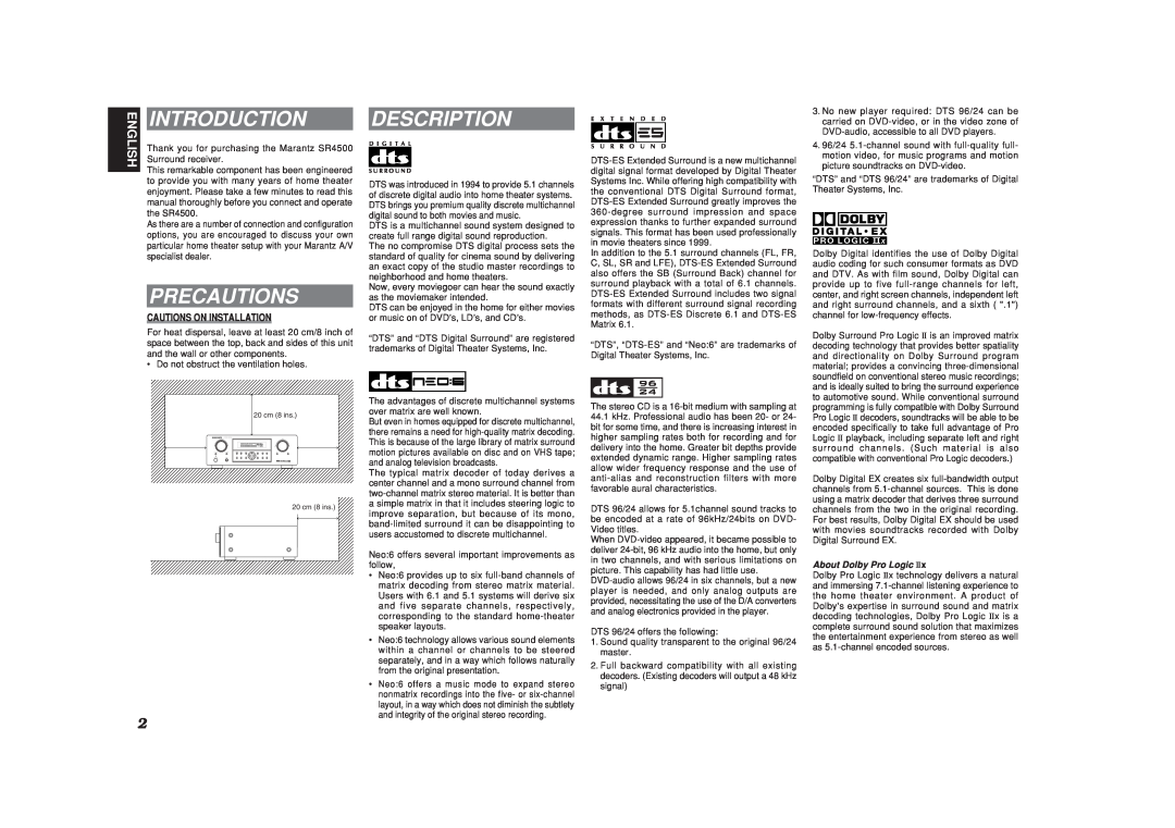 Marantz SR4500 manual Introduction, Precautions, Description, About Dolby Pro Logic 