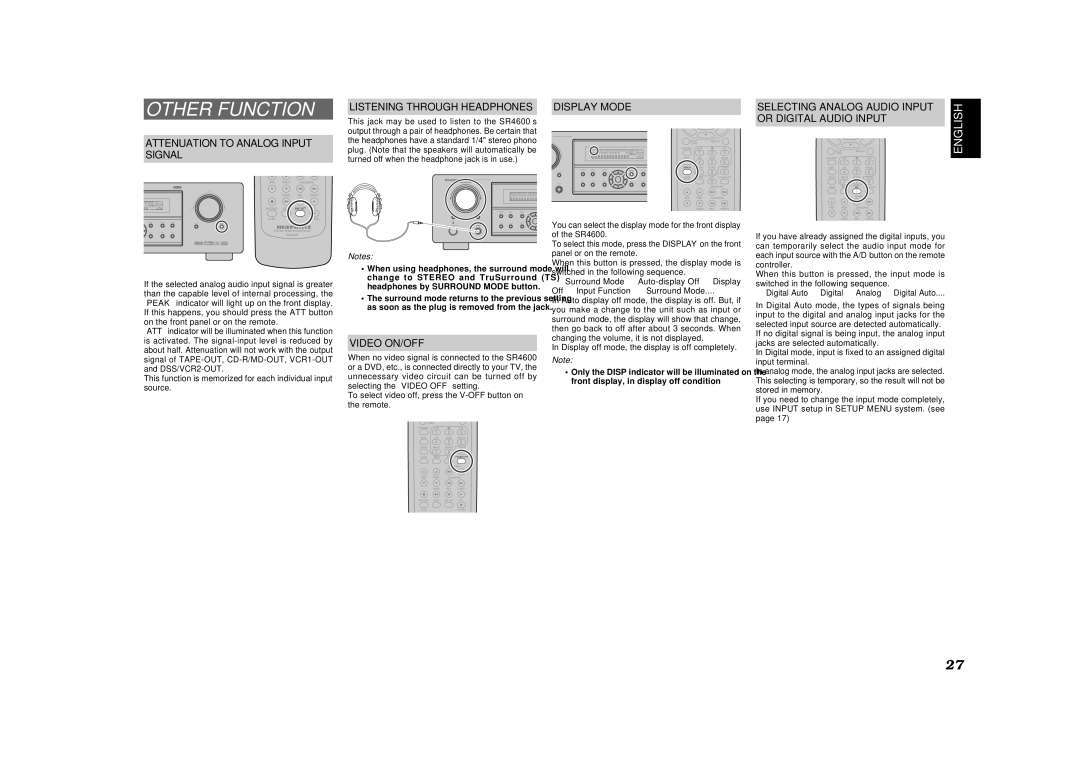 Marantz SR4600 manual Other Function, Or Digital Audio Input, Video ON/OFF, Display off mode, the display is off completely 