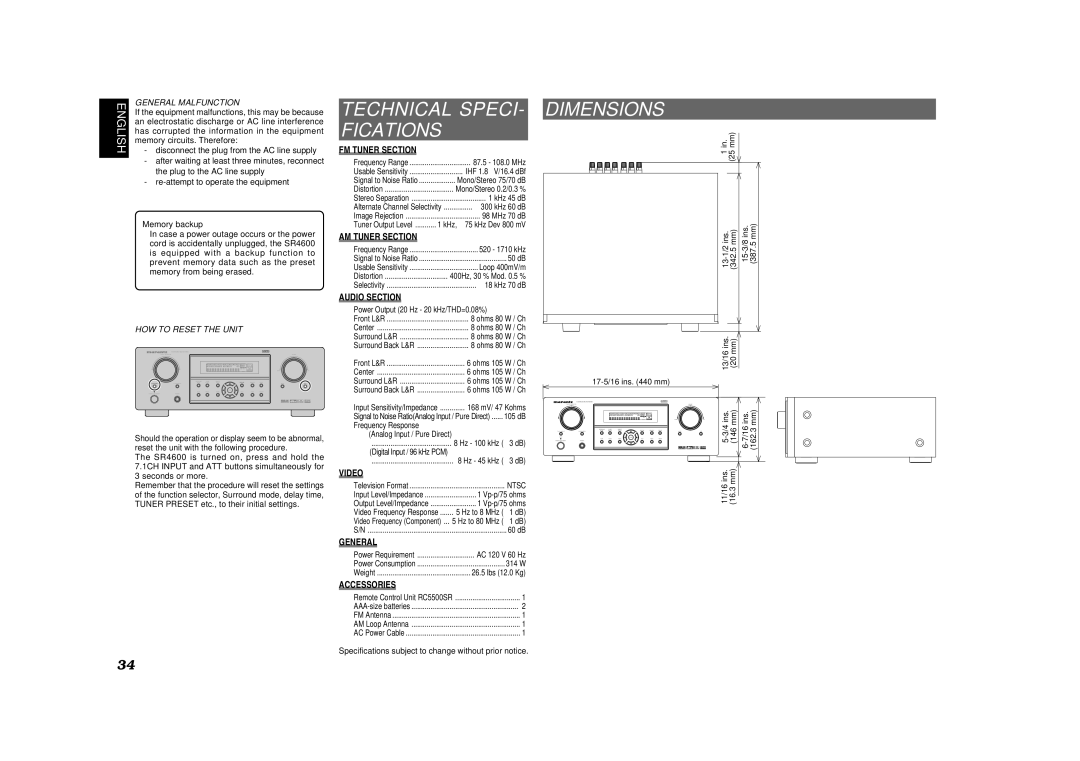 Marantz SR4600 manual Dimensions 