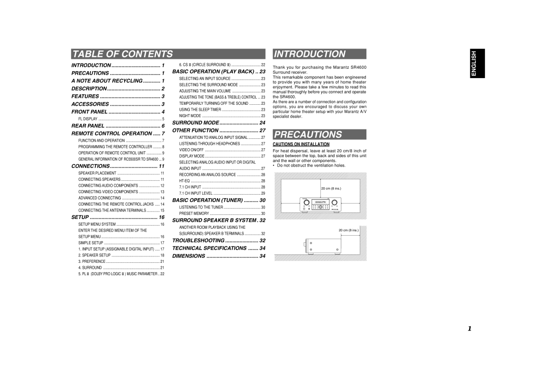 Marantz SR4600 manual Table of Contents Introduction, Precautions 