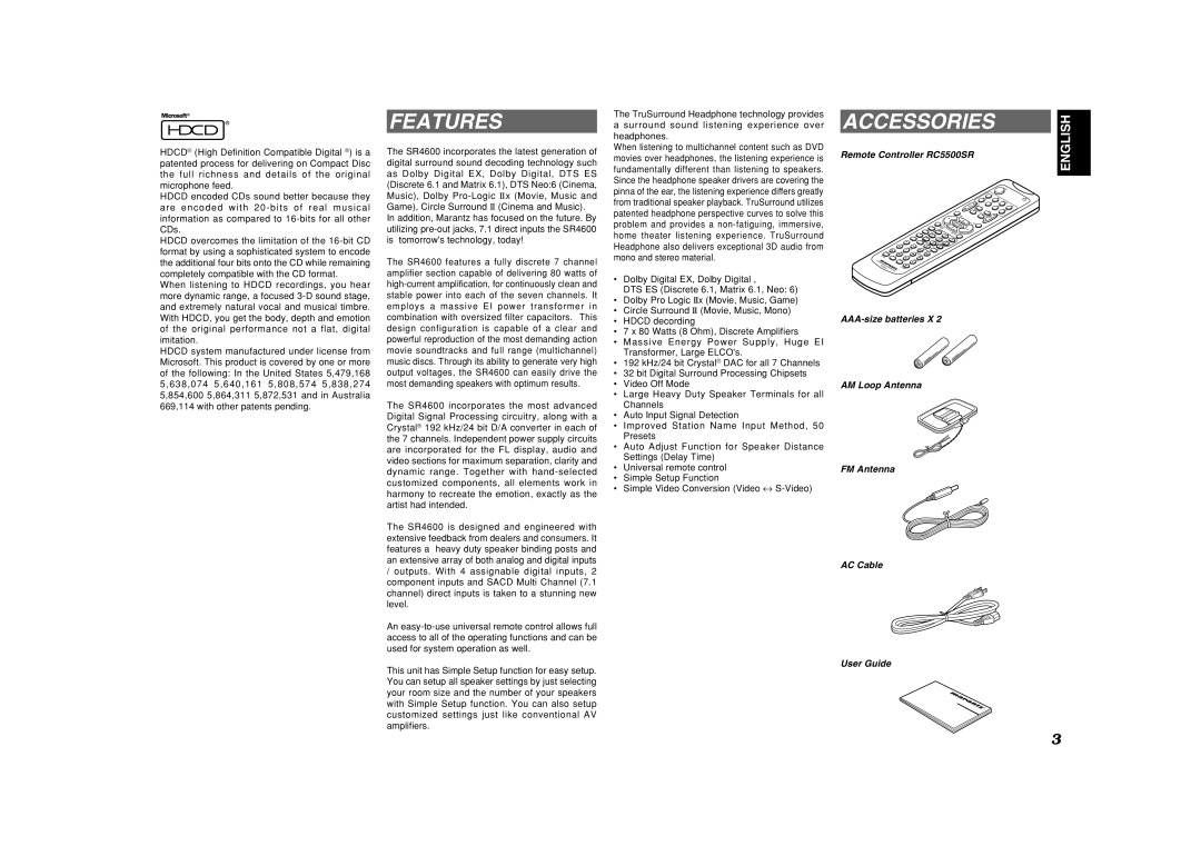 Marantz SR4600 manual Features, Accessories, Remote Controller RC5500SR, Dolby Digital EX, Dolby Digital 