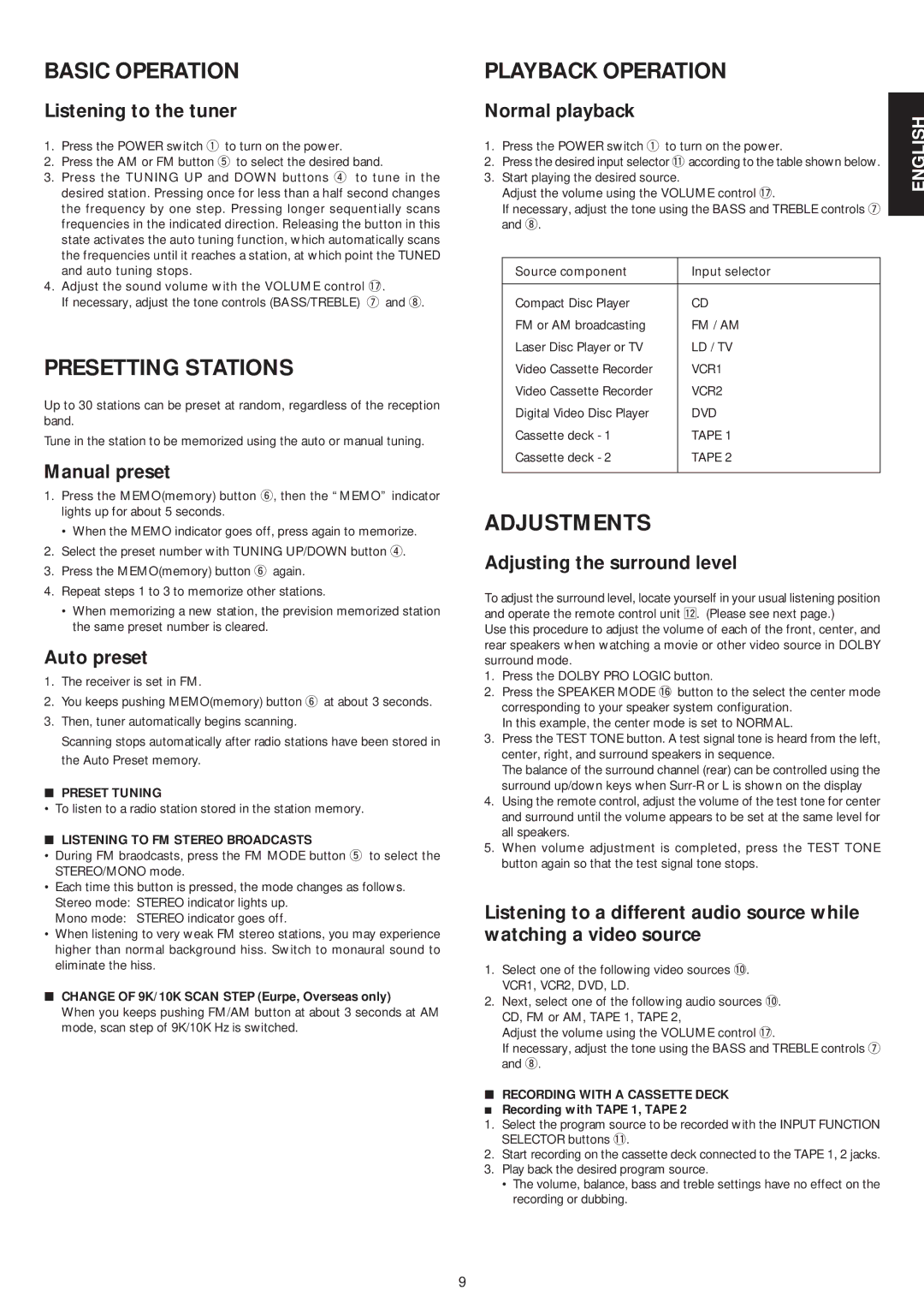 Marantz SR5000 manual Basic Operation, Presetting Stations, Playback Operation, Adjustments 