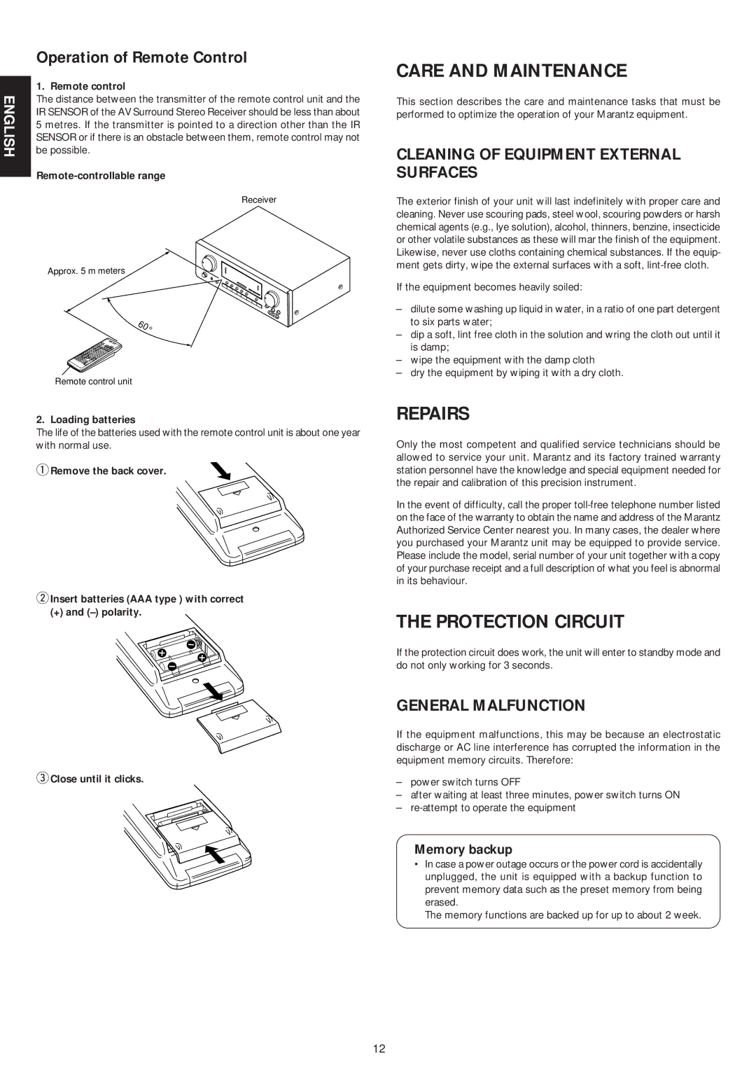 Marantz SR5000 manual Repairs, Protection Circuit, Operation of Remote Control, General Malfunction, Memory backup 