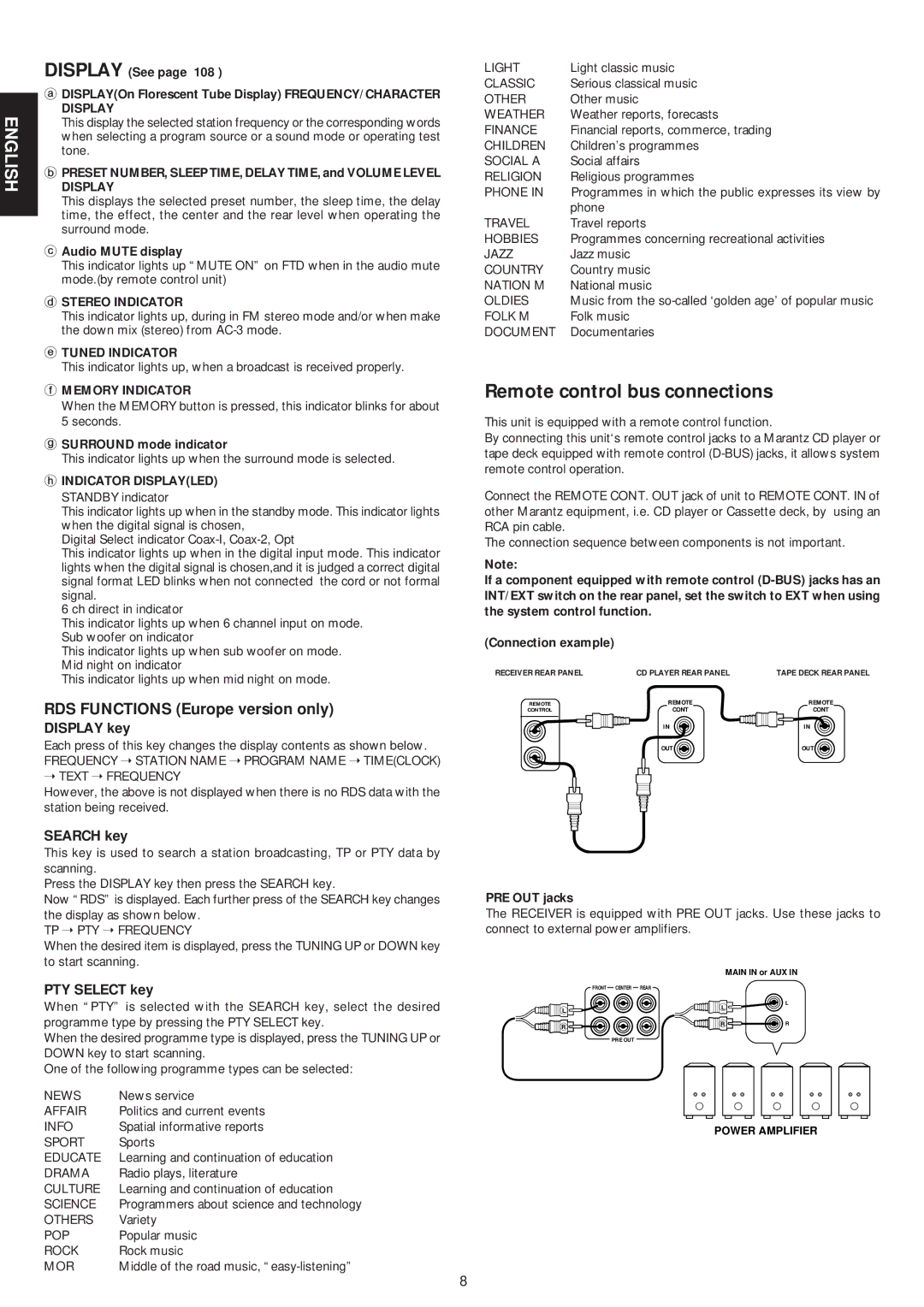 Marantz SR5000 manual Remote control bus connections, RDS Functions Europe version only 