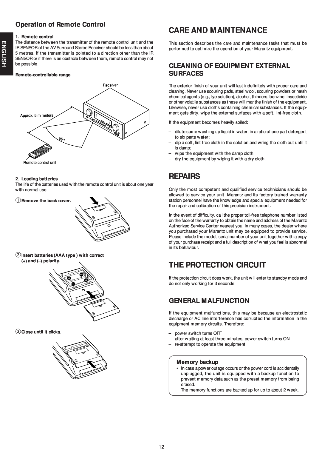 Marantz SR5000 manual Repairs, The Protection Circuit, Operation of Remote Control, General Malfunction, English 