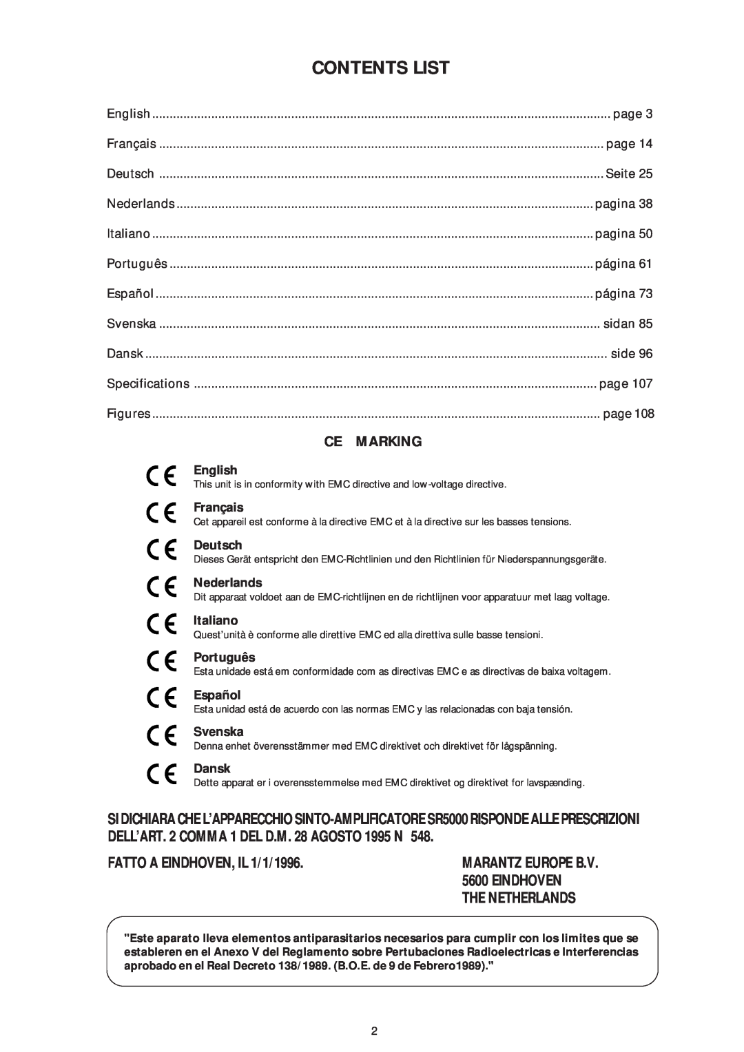 Marantz SR5000 manual Contents List, FATTO A EINDHOVEN, IL 1/1/1996, Eindhoven, Marking, The Netherlands 