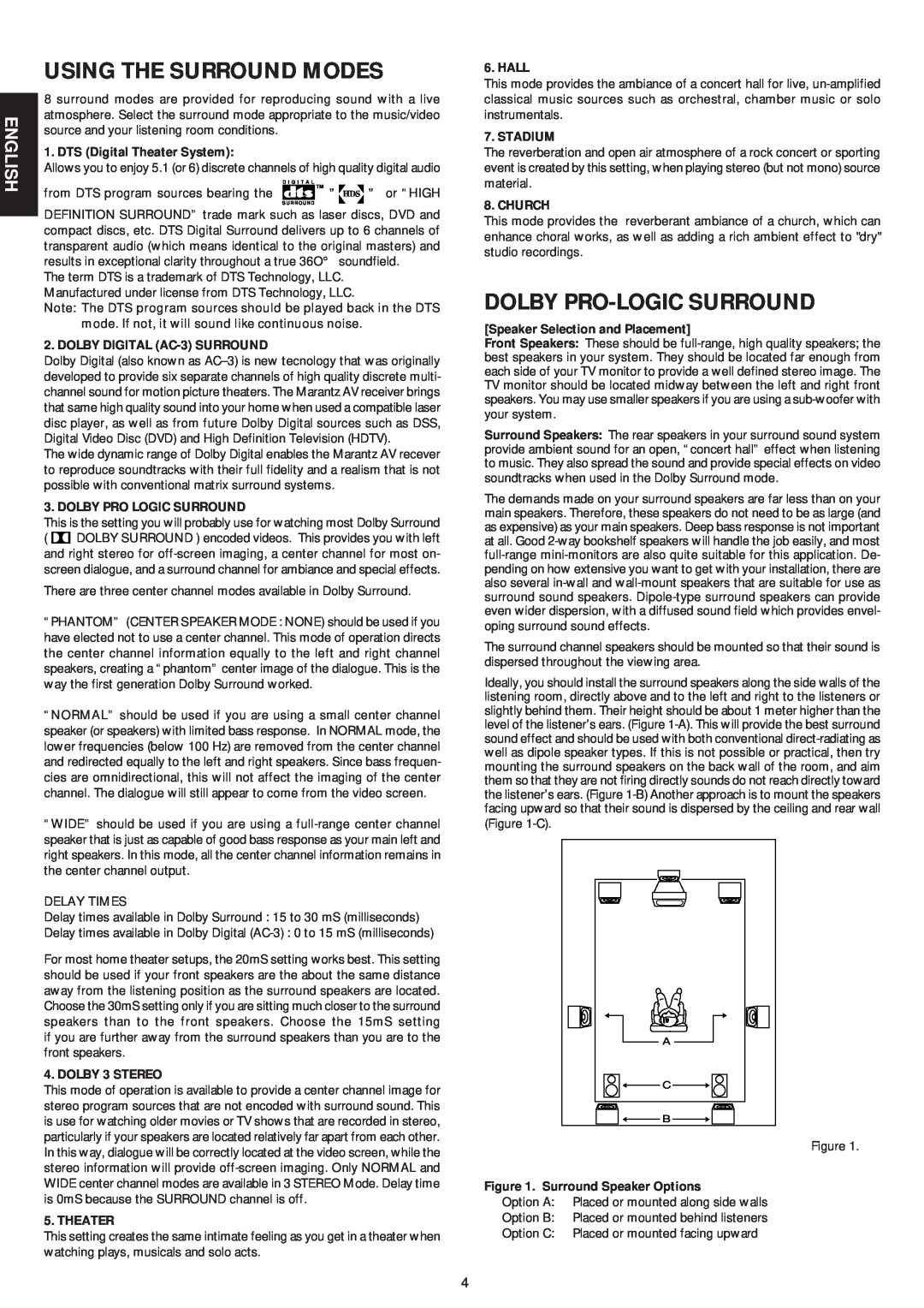 Marantz SR5000 manual Using The Surround Modes, Dolby Pro-Logic Surround, English 