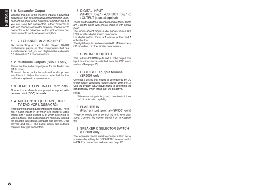 Marantz SR5001 manual 4AUDIO IN/OUT CD, TAPE, CD-R TV, DVD, VCR1, DSS/VCR2, 5DIGITAL Input, 6HDMI INPUT/OUTPUT, 8FLASHER 