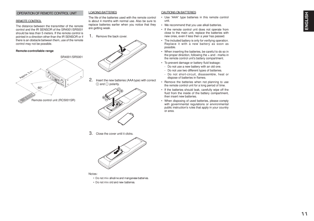 Marantz manual Operation of Remote Control Unit, Loading Batteries, SR4001/SR5001 Remote control unit RC5001SR 