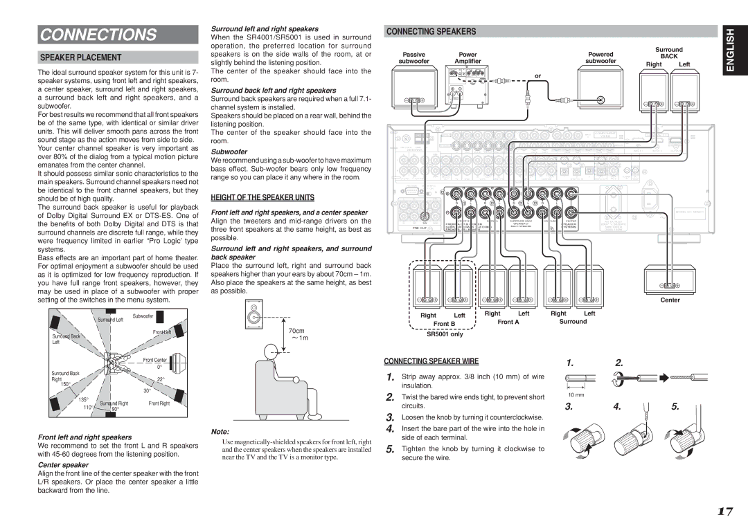 Marantz SR5001 Connections, Connecting Speakers Speaker Placement, Height of the Speaker Units, Connecting Speaker Wire 