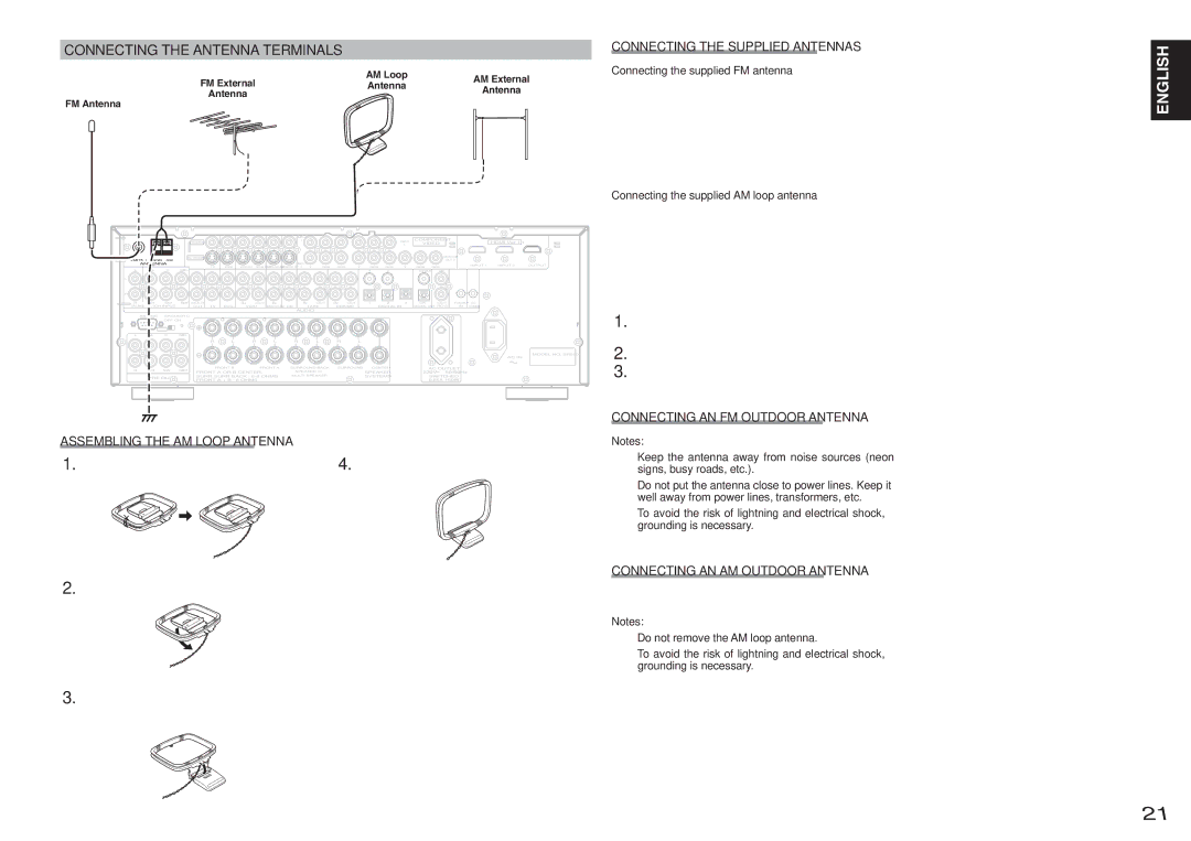 Marantz SR5001 manual Connecting the Antenna Terminals, Connecting the Supplied Antennas, Connecting AN FM Outdoor Antenna 