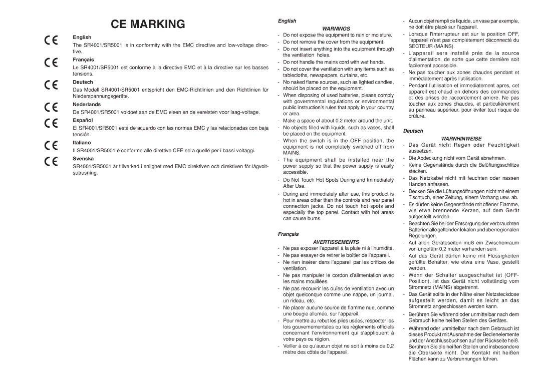 Marantz SR5001 manual English, Mains, Français, Deutsch 