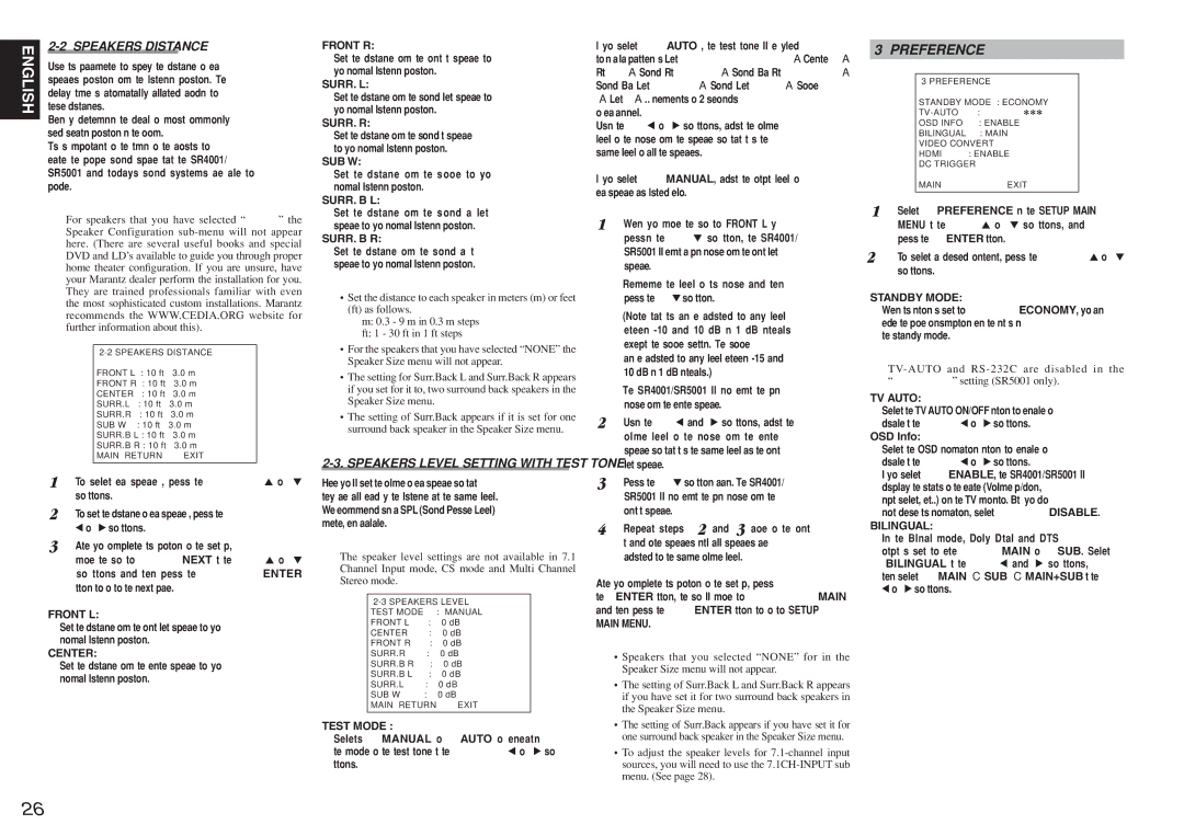 Marantz SR5001 manual Preference, Speakers Distance 