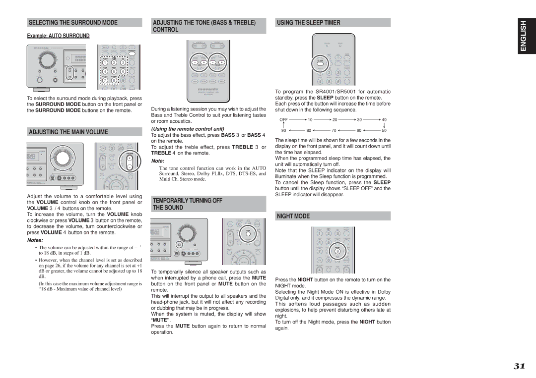 Marantz SR5001 Selecting the Surround Mode, Adjusting the Main Volume, Control, Temporarily Turning OFF Sound, Night Mode 